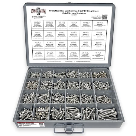 Boltsandnuts.Com Stainless Unslotted Hex Washer Head Self Drilling Screws - 1336 PCS Assortment Kit #377